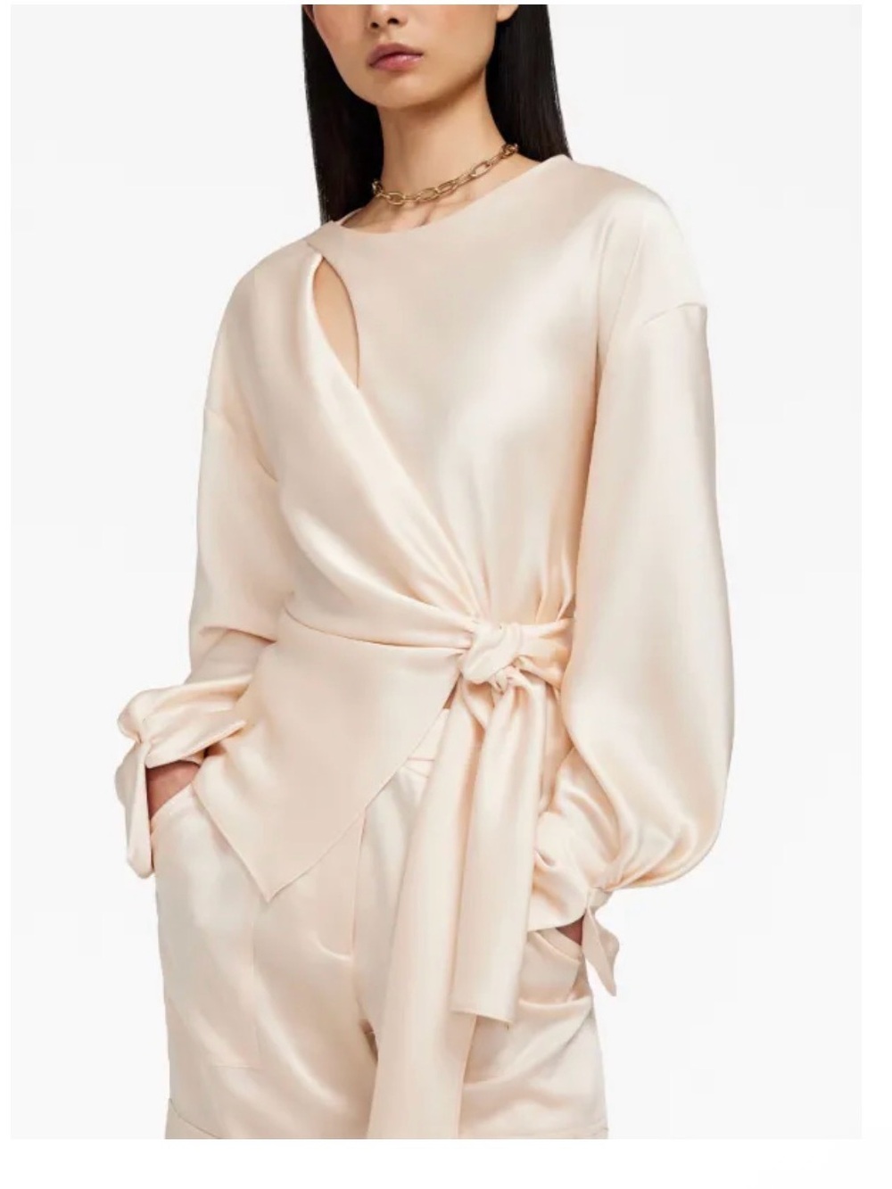 Chic Blush Satin Wrap Blouse